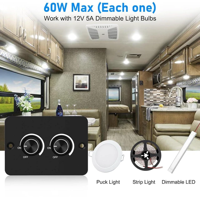 Alt view image 2 of 7 - Linkstyle 12V Dimmer Switch, 2 Gang 60W PWM LED Dimmer, ON/Off Rotary Dimmer for LED Lights, Halogen, Incandescent, for Car Trailers Van