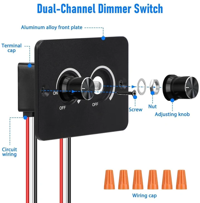 Alt view image 4 of 7 - Linkstyle 12V Dimmer Switch, 2 Gang 60W PWM LED Dimmer, ON/Off Rotary Dimmer for LED Lights, Halogen, Incandescent, for Car Trailers Van