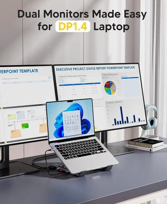 Alt view image 6 of 7 - Mukiya USB C Laptop Docking Station Stand, Dual Monitor 4K@60Hz, 9 in 1 USB C Hub with 2 HDMI, 2 USB 3.0, PD 100W, Universal Dock Station for MacBook Pro/Air/Dell/HP/Surface/Lenovo