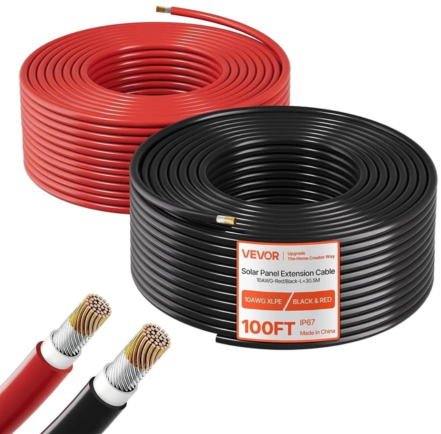 Main image of VEVOR Solar Panel Wire, 100 ft Black + 100 ft Red Kit, 10 AWG (6 mm²) Solar Panel Extension Cable, PV Tinned Copper Wire, for Outdoor Home Off-Grid Photovoltaic Systems Automotive RV Boat Marine, IP67