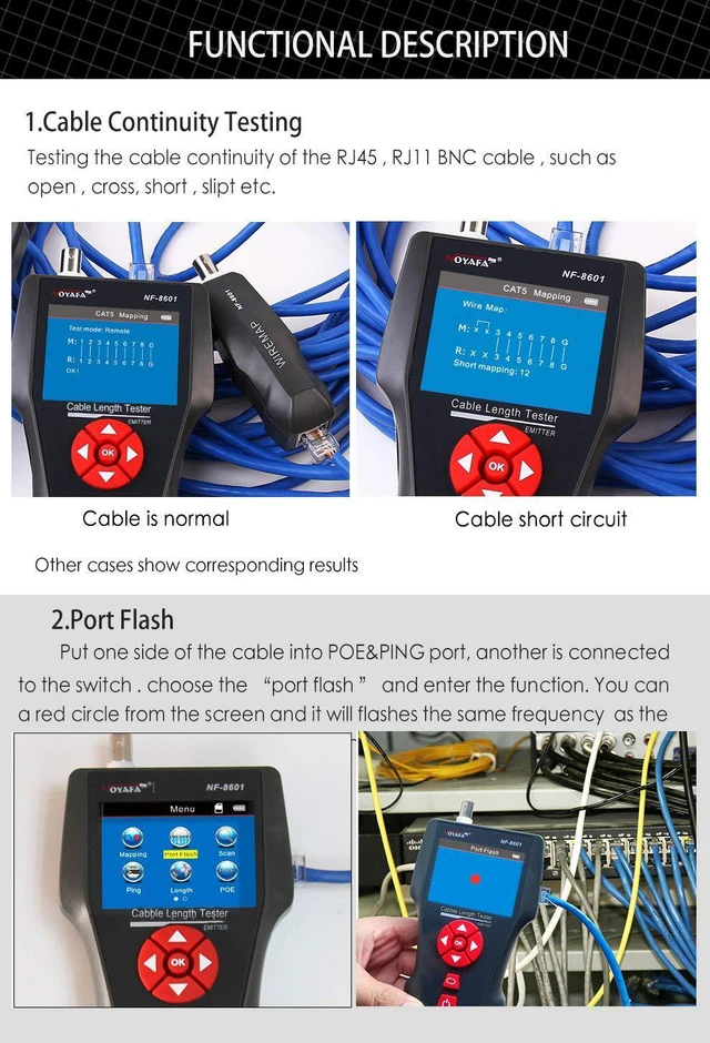 Alt view image 6 of 6 - Noyafa NF-8601W-A Multi-Functional Network Cable Tester for RJ45, RJ11, BNC, PING/POE 8 Identifier