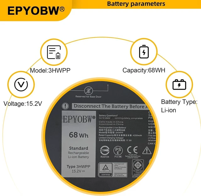 Alt view image 3 of 6 - 3HWPP Laptop Battery 68Wh 03HWPP 10X1J N2NLL 1VY7F 3YNXM | Compatible with Dell Latitude 5401 E5401 5501 / Precision 3541 3551 / Inspiron 7500 2-in-1 Black Edition Series 451-BCMN