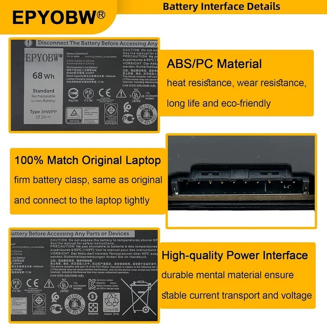 Alt view image 4 of 6 - 3HWPP Laptop Battery 68Wh 03HWPP 10X1J N2NLL 1VY7F 3YNXM | Compatible with Dell Latitude 5401 E5401 5501 / Precision 3541 3551 / Inspiron 7500 2-in-1 Black Edition Series 451-BCMN
