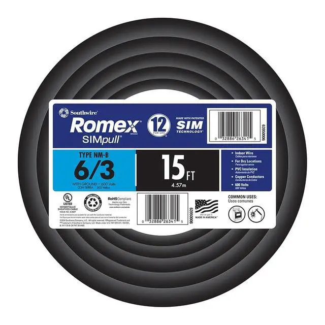 Alt view image 2 of 6 - Southwire 15 ft. 6/3 Black Stranded Romex SIMpull CU NM-B W/G Wire