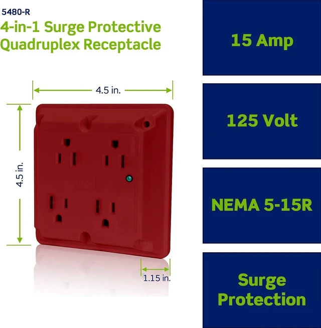 Alt view image 4 of 7 - Leviton 4-in-1 Surge Protective Quadruplex Receptacle Outlet, Heavy-Duty Industrial Specification Grade, 15 Amp, 125 Volt, 5480-R, Red