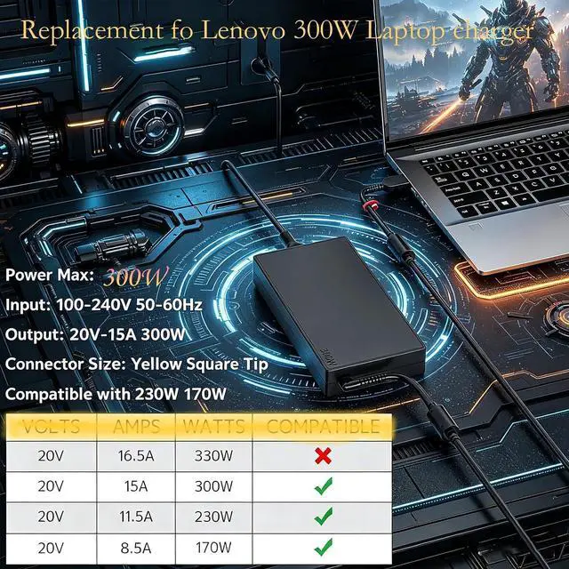 Alt view image 6 of 7 - 300W Laptop Charger Replacement for Lenovo Legion 5 5i 5P 7 7i pro 15 16 17 R9000P R9000K Y9000K Y9000X, RTX 3050 3060 3070 20V 15A Power Supply Cord Ac Adapte