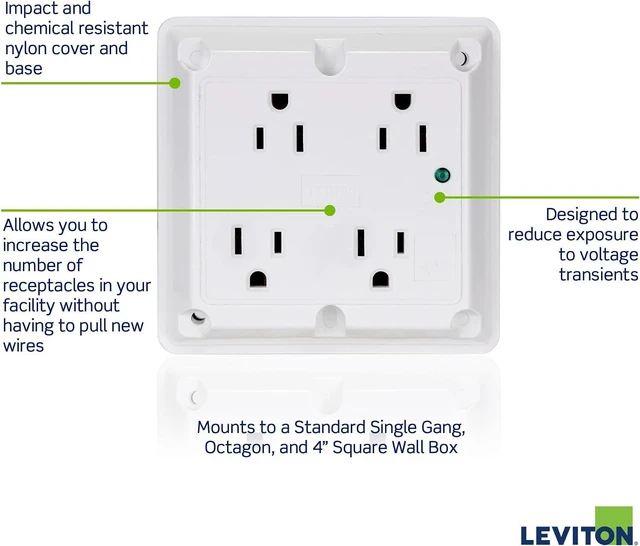 Alt view image 6 of 7 - Leviton 4-in-1 Surge Protective Quadruplex Receptacle Outlet, Heavy-Duty Industrial Specification Grade, 15 Amp, 125 Volt, 5480-R, Red