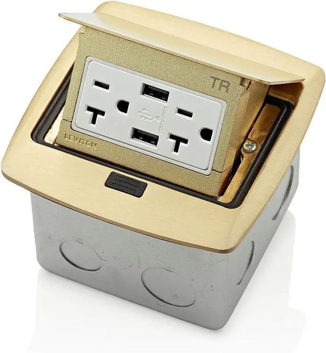 Main image of Leviton Pop-Up Floor Box with Dual USB Type A Receptacle, 20 Amp, PFUS2-0BR, Brass