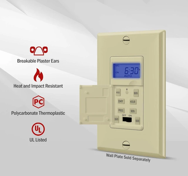 Alt view image 2 of 7 - Enerlites 7 Days Digital in-Wall Programmable Timer Switch for Lights, Fans, and Motors, Single Pole, Neutral Wire Required, 7-Day 18 ON/Off Timer Settings, with Blue Backlight, HET01, Ivory