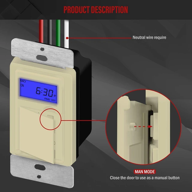 Alt view image 3 of 7 - Enerlites 7 Days Digital in-Wall Programmable Timer Switch for Lights, Fans, and Motors, Single Pole, Neutral Wire Required, 7-Day 18 ON/Off Timer Settings, with Blue Backlight, HET01, Ivory