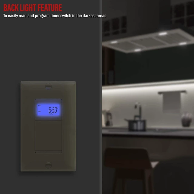 Alt view image 5 of 7 - Enerlites 7 Days Digital in-Wall Programmable Timer Switch for Lights, Fans, and Motors, Single Pole, Neutral Wire Required, 7-Day 18 ON/Off Timer Settings, with Blue Backlight, HET01, Ivory