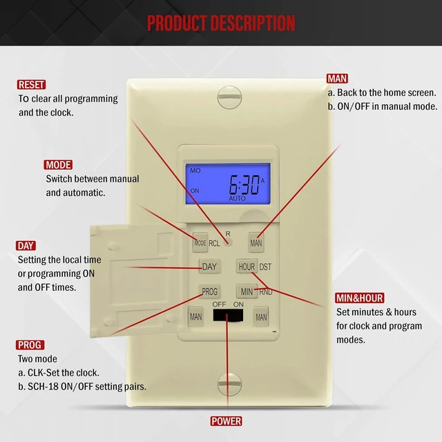 Alt view image 4 of 7 - Enerlites 7 Days Digital in-Wall Programmable Timer Switch for Lights, Fans, and Motors, Single Pole, Neutral Wire Required, 7-Day 18 ON/Off Timer Settings, with Blue Backlight, HET01, Ivory