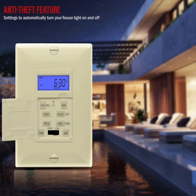 Alt view image 7 of 7 - Enerlites 7 Days Digital in-Wall Programmable Timer Switch for Lights, Fans, and Motors, Single Pole, Neutral Wire Required, 7-Day 18 ON/Off Timer Settings, with Blue Backlight, HET01, Ivory