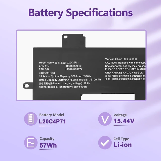 Alt view image 4 of 6 - 57Wh L20C4P71 L20M4P71 Battery Compatible with Lenovo ThinkPad X1 Carbon Gen 9/10 ThinkPad X1 Yoga Gen 6/7 Series L20D4P71 L20L4P71 SB10T83217 SB10T83215 SB10T83216 5B10W13972 5B10W13973