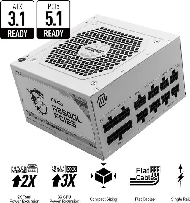 Alt view image 2 of 7 - MSI MAG A850GL PCIE5 White, Fully Modular Compact Gaming 850W Power Supply, 80+ Gold, ATX 3.1 & PCIe 5.1 Ready, Native Dual-Color 12V-2x6 Cable, 10 Year Warranty