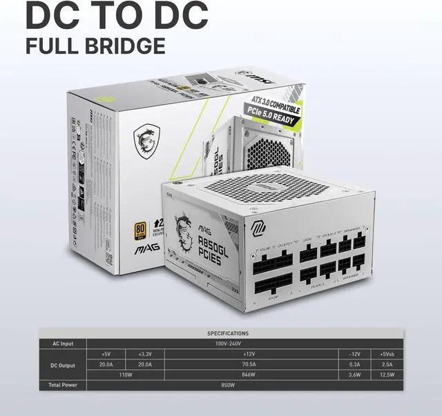 Alt view image 5 of 7 - MSI MAG A850GL PCIE5 White, Fully Modular Compact Gaming 850W Power Supply, 80+ Gold, ATX 3.1 & PCIe 5.1 Ready, Native Dual-Color 12V-2x6 Cable, 10 Year Warranty