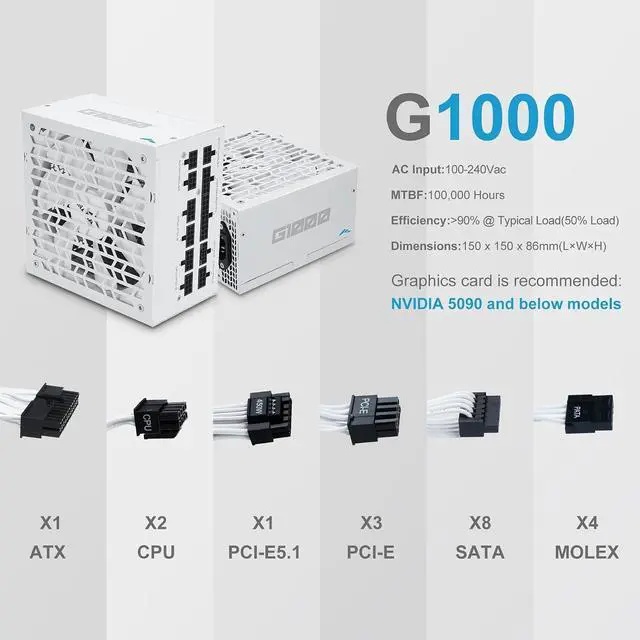 Alt view image 5 of 7 - SAMA G1000 1000W ATX 3.1 Fully Modular Power Supply, Gold Efficiency Performance, Cybenetics Rated, PCle 5.1 & 12V-2x6 Ready, Japanese Capacitors, 140mm FDB Silent Fan, ECO Mode Gaming PSU (White)