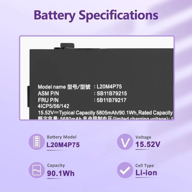 Alt view image 2 of 6 - 90WH L20M4P75 L20D4P75 Laptop Battery Replacement for Lenovo ThinkPad P1 Gen 4/5 X1 Extreme Gen 4/5 20Y3 20Y4 21DC 21DD 20Y5 20Y6 21DE 21DF Series SB11B79215 5B11B79217 SM11E25311 5M11E25313