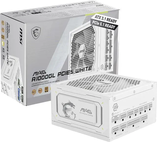 Main image of MSI MAG A1000GL PCIE5 White, Fully Modular Compact Gaming 1000W Power Supply, 80+ Gold, ATX 3.1 & PCIe 5.1 Ready, Native Dual-Color 12V-2x6 Cable, Low-Noise, Embossed Jacket Cables, 10 Year Warranty