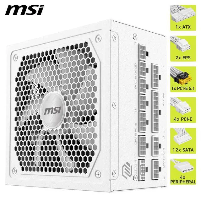 Alt view image 5 of 7 - MSI MAG A1000GL PCIE5 White, Fully Modular Compact Gaming 1000W Power Supply, 80+ Gold, ATX 3.1 & PCIe 5.1 Ready, Native Dual-Color 12V-2x6 Cable, Low-Noise, Embossed Jacket Cables, 10 Year Warranty
