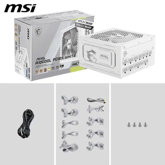 Alt view image 7 of 7 - MSI MAG A1000GL PCIE5 White, Fully Modular Compact Gaming 1000W Power Supply, 80+ Gold, ATX 3.1 & PCIe 5.1 Ready, Native Dual-Color 12V-2x6 Cable, Low-Noise, Embossed Jacket Cables, 10 Year Warranty