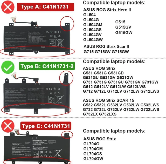 Alt view image 2 of 7 - C41N1731-2 Laptop Battery Compatible with ASUS ROG Strix G531G G531GD G531GU G531GV G531GW G731G G731GU G731GV G731GW G512LV G512LU G512LW G712L G712LU G712LV G532L G532LW G532LWS G732L G732LV