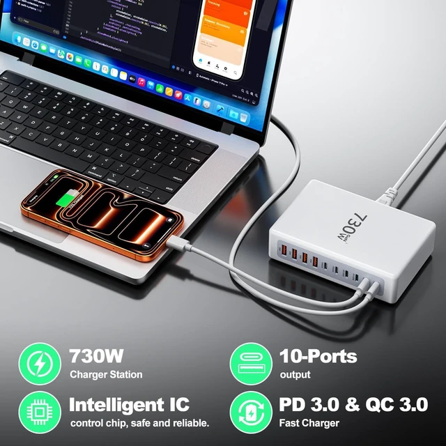 Alt view image 4 of 7 - 730W USB C Charger Block Charging Station 10 Port Fast Chager 140W PD PPS AVS HUB Laptop MacBook Charger Compatible with All iPhone 17 Pro Max/17 Air/16 SE/Samsung Galaxy 25/ MacBook Pro/Air/iPad Pro