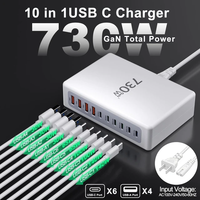 Alt view image 3 of 7 - 730W USB C Charger Block Charging Station 10 Port Fast Chager 140W PD PPS AVS HUB Laptop MacBook Charger Compatible with All iPhone 17 Pro Max/17 Air/16 SE/Samsung Galaxy 25/ MacBook Pro/Air/iPad Pro