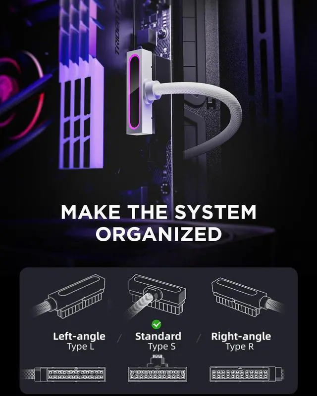Alt view image 2 of 7 - AsiaHorse Hydrus-24PIN PC PSU Extension, ATX 24PIN Motherboard Power Extension 90° Right Angle Design, 650W Power Supply, Perfect for PC Case Management & DIY Enthusiasts (White, 24Pin-ARGB)
