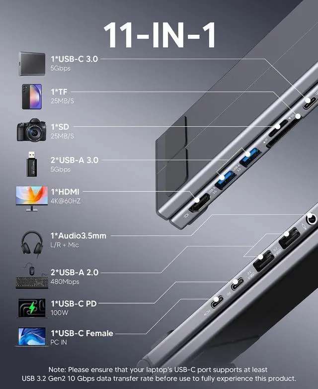 Alt view image 2 of 7 - Laptop Docking Station Stand, Dock Tablet Stand, 11 in 1 USB C Hub with 4K@60Hz HDMI,2 USB3.0,2 USB2.0,PD 100W,USB C 3.0+SD/TF+Audio Universal Dock Station for MacBook Pro/Air/Dell/HP/Surface/Lenovo