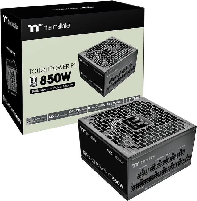 Main image of Thermaltake Toughpower PT 850W; ATX 3.1; Native PCIe 5.1 12V-2x6; Etched Flat Cables; Dual-Color H++ Connectors; 100% Japanese Capacitors; 135mm Fan; 80 Plus Platinum; Black; PS-TPP-0850FNFAPU-1