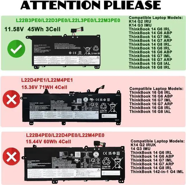 Alt view image 2 of 7 - 45WH L22B3PE0 L22D3PE0 Laptop Battery Replacement for Lenovo ThinkBook 14 G6 IRL ABP G7 ARP IML G8 IRL IAL 16 G6 ABP IRL G7 ARP IML G8 IAL IRL / K14 G2 IRU K14 G3 IMU Series L22L3PE0 L22M3PE0