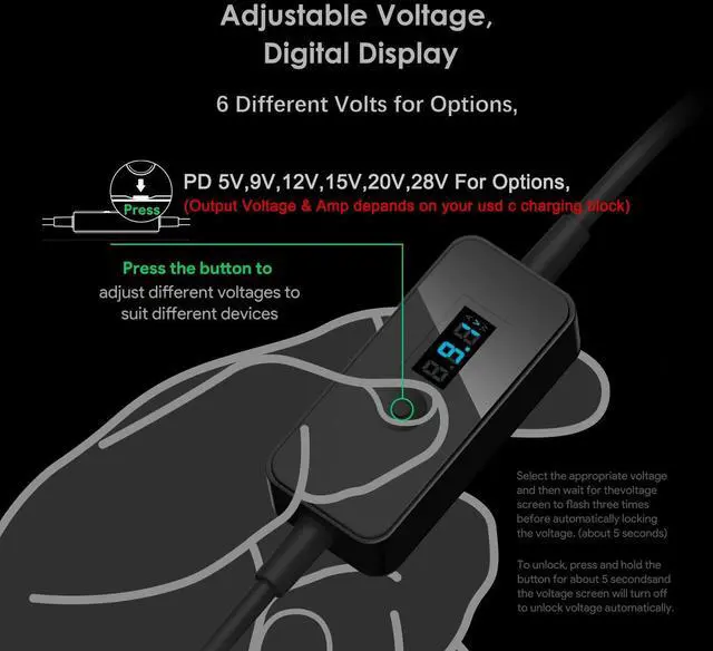 Alt view image 2 of 7 - HKY 7Ft USB C to DC Adapter with Adjustable Output 5V-9V-12V-15V-20V-28V PD Fast Charging Cable Universal Charger 15PCS Connecor Tips DC Cable Kit Fit for Laptop Chromebook Phone Speaker USB Hub