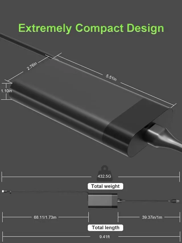 Alt view image 4 of 7 - Slim 140W USB-C Laptop Charger Compatible with HP OMEN Transcend 14t-fb 14-fb1047nr 14-fb0097nr ZBook 8/Ultra, Spectre x360 2-in-1 16t-aa 16-aa0xxx Spectre Foldable 17 Power Adapter