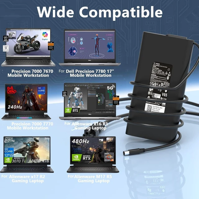 Alt view image 5 of 7 - New 240W GaN Slim AC Power Adapter Compatible with Dell G16 G15 G7 G5 Alienware X17 X16 X15 X51 M18X M17X M17 M16 M15 17 15 R7-R1 Area-51m Precision 7780 7770 7760 7750 7680 7670 7560 Laptop