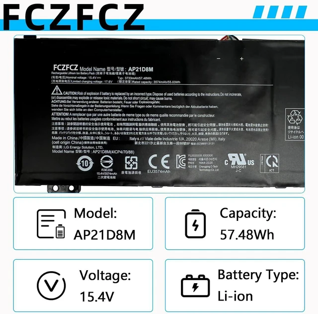 Alt view image 3 of 7 - AP21D8M Battery 55.03Wh 3733mAh Replacement for Acer Nitro 5 AN515-46 5-AN515-46-R56G 5-AN515-46-R1A1 5-AN515-46-R74X 5-AN515-46-R52P / AN515-47 AN515-58/16 AN16-51 Series KT.0040G.015 15.4V