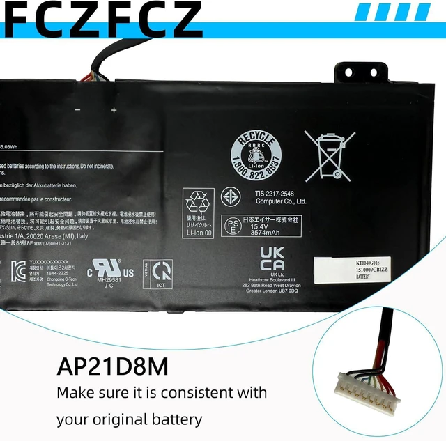 Alt view image 4 of 7 - AP21D8M Battery 55.03Wh 3733mAh Replacement for Acer Nitro 5 AN515-46 5-AN515-46-R56G 5-AN515-46-R1A1 5-AN515-46-R74X 5-AN515-46-R52P / AN515-47 AN515-58/16 AN16-51 Series KT.0040G.015 15.4V