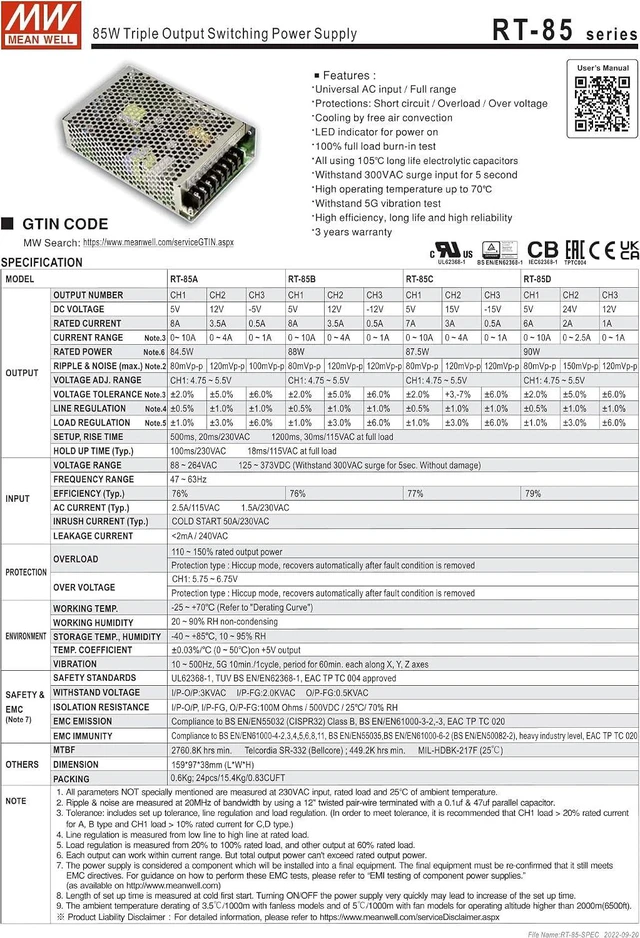 Alt view image 3 of 4 - Mean Well RT-85B 88W Triple Output Switching Power Supply 5V 12V -12V