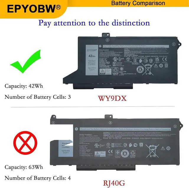 Alt view image 3 of 7 - WY9DX Laptop Battery 42Wh 3500mAh 11.4V WY9DX RJ40G 005R42