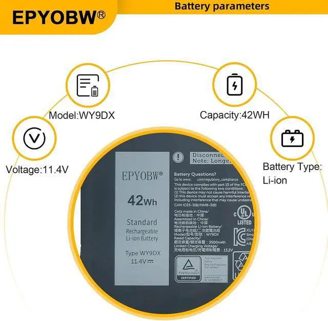 Alt view image 4 of 7 - WY9DX Laptop Battery 42Wh 3500mAh 11.4V WY9DX RJ40G 005R42