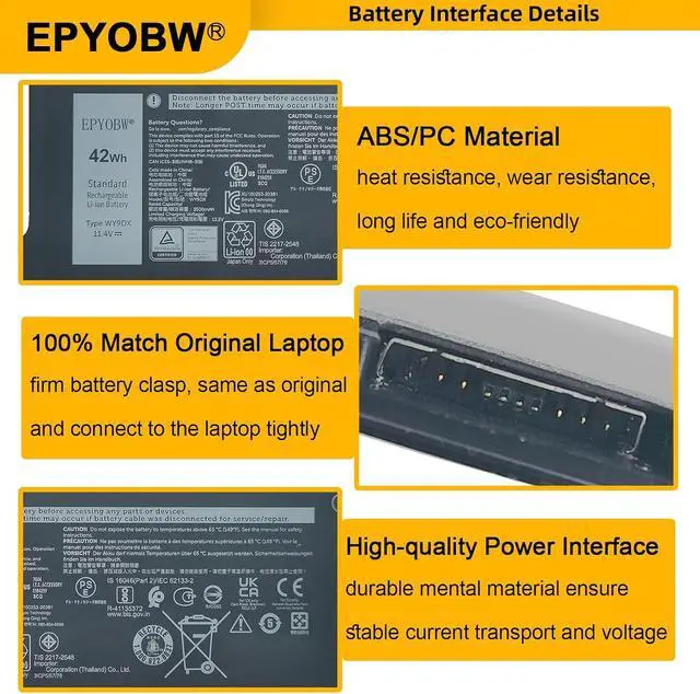 Alt view image 5 of 7 - WY9DX Laptop Battery 42Wh 3500mAh 11.4V WY9DX RJ40G 005R42