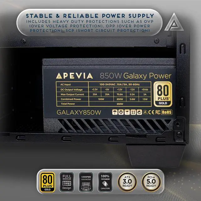 Alt view image 5 of 6 - Apevia Galaxy 850W 80+ Gold ATX 3.1 Fully Modular Gaming PSU, PCIe 5.1 600W 12VHPWR, Japanese Caps, Silent 135mm FDB Fan, Stable +12V Rail, PSU for RTX 5060/5070/5080/40 Series