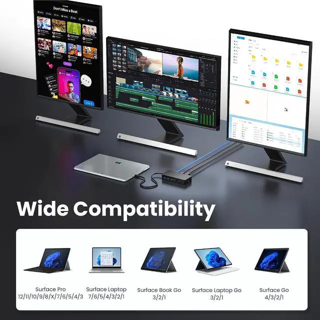 Alt view image 5 of 7 - Surface Docking Station, 12-in-1 Triple Display Dual 4K HDMI & DP & VGA, Ethernet, USB Hub, Surface Pro Dock for Surface Pro 12/11/10/9/8/X/7/6/5/4/3, Surface Laptop 7/6/5/4/3/2/1, Surface Book Go