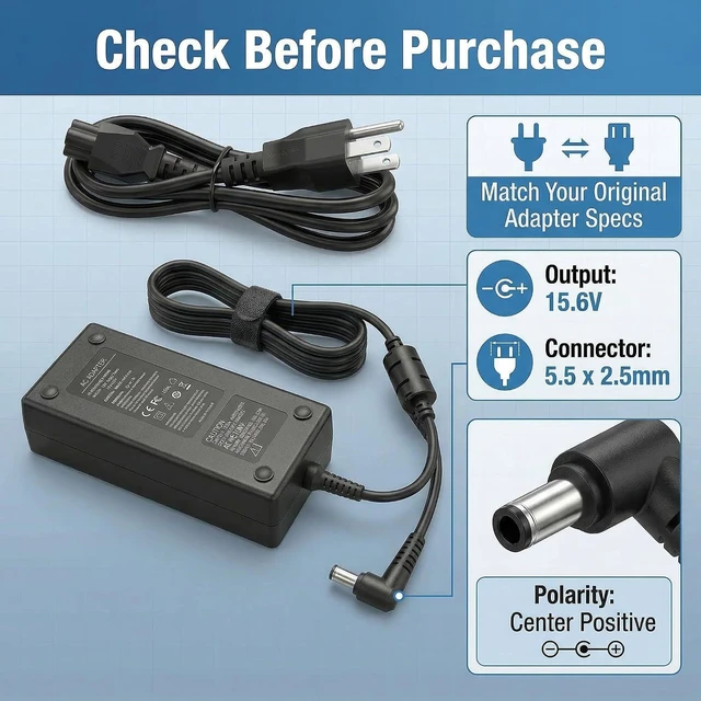 Alt view image 5 of 7 - 110W 15.6V 7.05A Laptop Charger Compatible with Panasonic Toughbook FZ-55 CF-54 CF-53 CF-52 CF-33 CF-31 CF-19 CF-D1, 5.5 x 2.5mm AC Adapter with US Power Cord