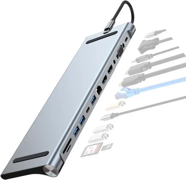 Main image of Aluminum 12 in 1 Type C Dock USB3.0 USB2.0 Splitter Multiport Adapter 4K RJ45 HDTV Expansion Device for Laptop Ethernet USB C Center