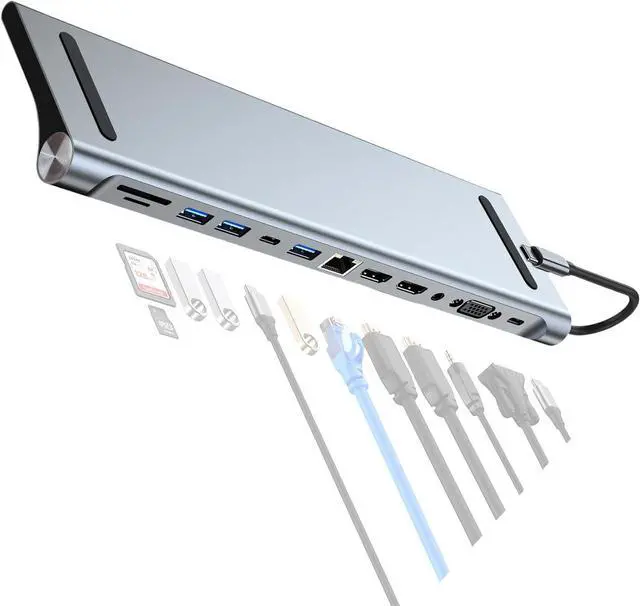 Alt view image 6 of 7 - Aluminum 12 in 1 Type C Dock USB3.0 USB2.0 Splitter Multiport Adapter 4K RJ45 HDTV Expansion Device for Laptop Ethernet USB C Center