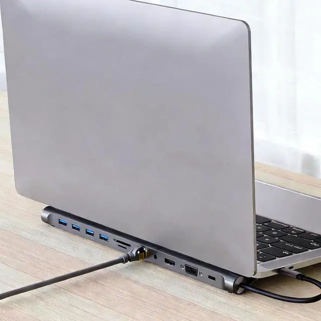 Alt view image 7 of 7 - Laptop Docking Station Stand 12 in 1 USB C Docking Station 4K 30Hz HDTV Multiport Adapter Dock USB3.0 USB2.0 Ethernet USB C Center