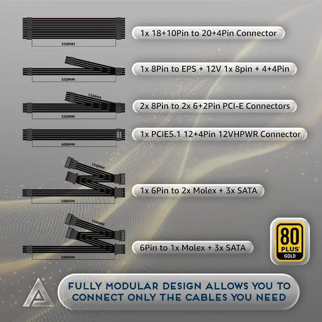 Alt view image 6 of 6 - Apevia Galaxy 750W 80+ Gold ATX 3.1 Fully Modular Gaming Power Supply, PCIe 5.1 Ready 16-Pin 12VHPWR PSU, 100% Japanese Capacitors, Silent 135mm FDB Fan, Stable +12V Rail for RTX 40/50 Series