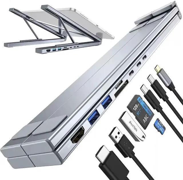 Main image of Ergonomic 8-in-1 USB-C Laptop Stand with Docking Station, Adjustable Foldable Aluminum Riser, 4K HDMI, 100W PD, USB Ports for MacBook, Notebook (1, 8-in-1)