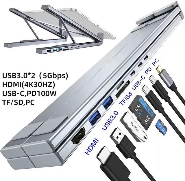 Alt view image 2 of 7 - Ergonomic 8-in-1 USB-C Laptop Stand with Docking Station, Adjustable Foldable Aluminum Riser, 4K HDMI, 100W PD, USB Ports for MacBook, Notebook (1, 8-in-1)